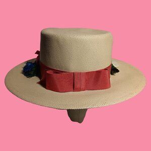 Vintage Bolero Beige Straw Hat Sunfy Granny Red Band Floral Decoration 21 1950's